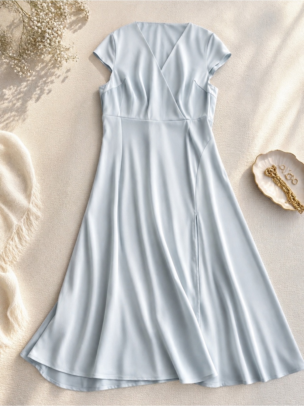 Soft Blue Wrap-Style Midi Dress with Cap Sleeves